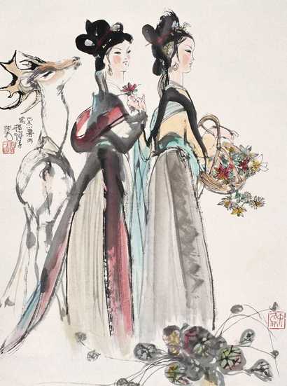 程十发 己未（1979年）作   拈花双美图 镜心